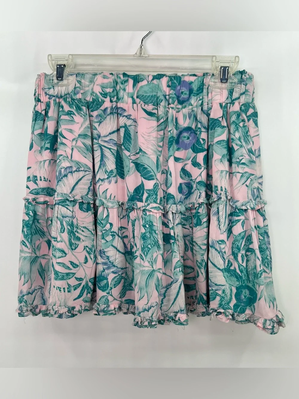 Olivaceous Pink Green Pastel Tropical Floral Tiered Ruffled Mini Skirt M Medium